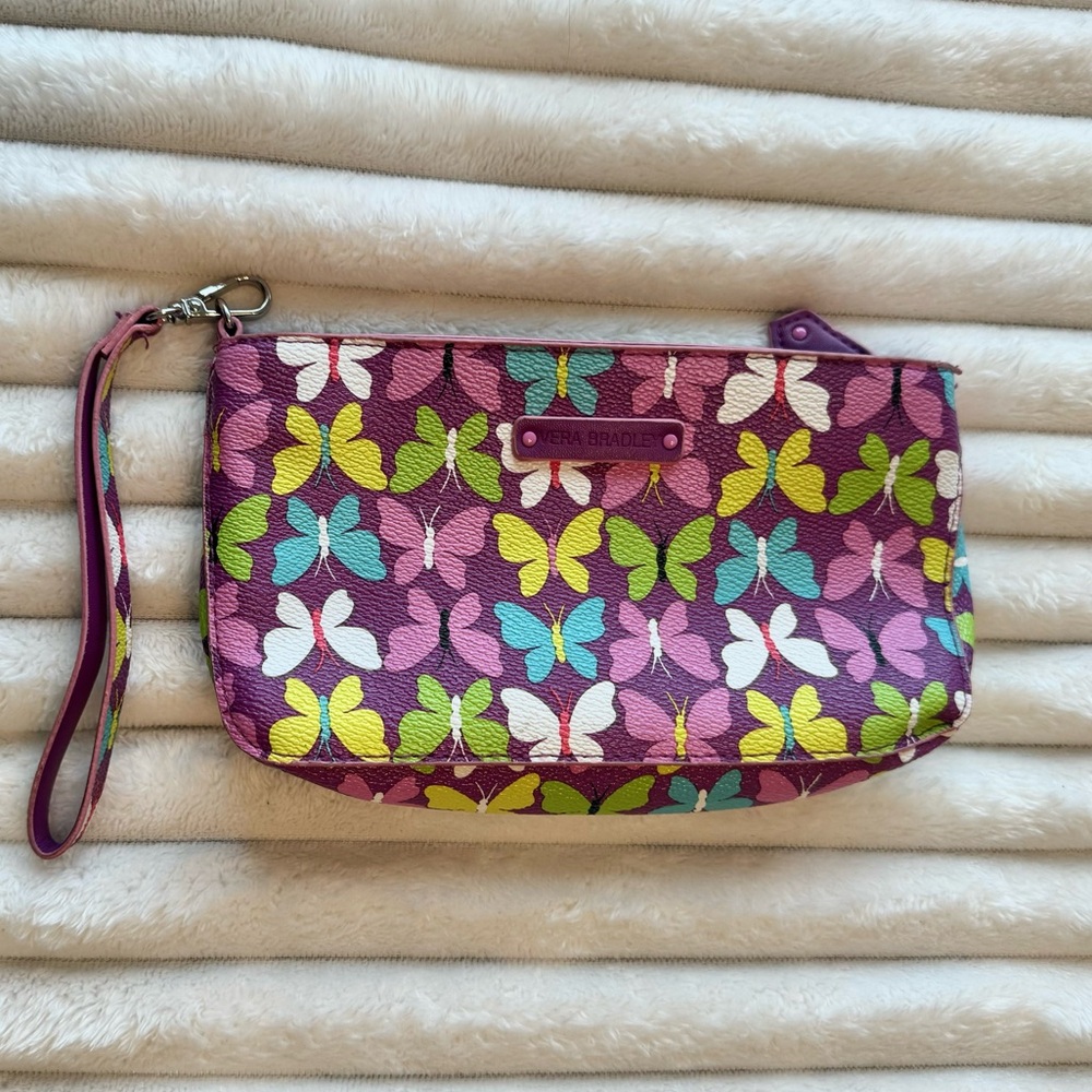 Vera Bradley Flutterby Butterflies Wristlet Zipper Coin Purse Purple 8x5